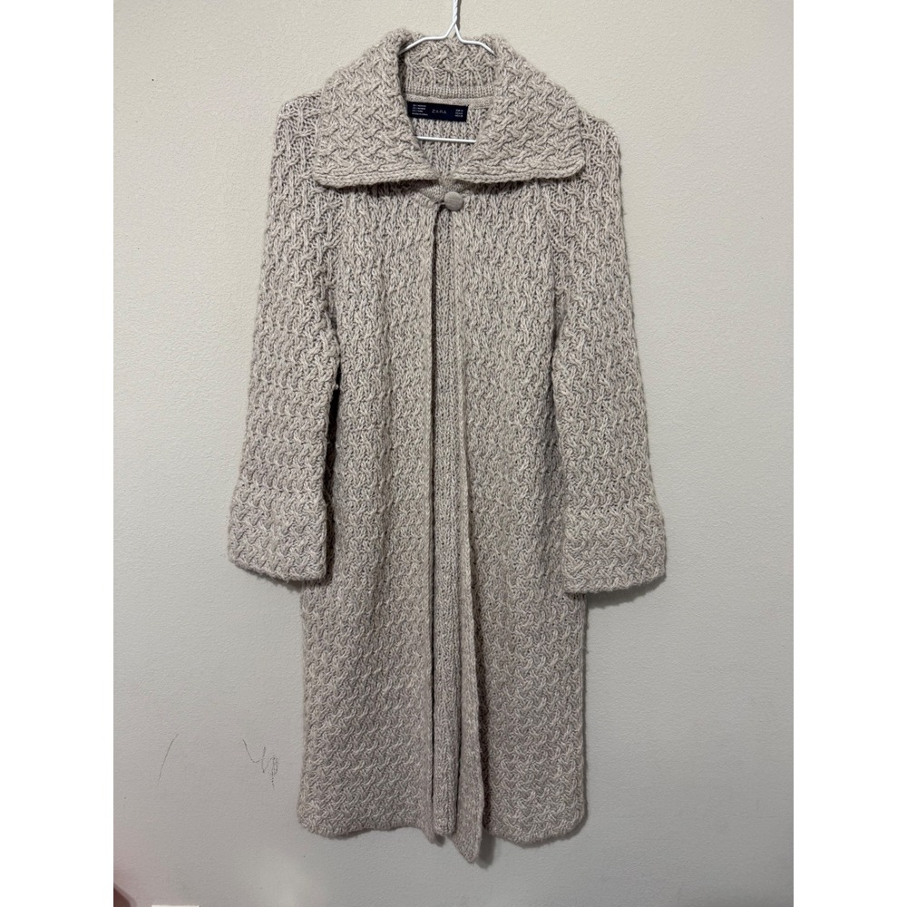 Zara Cardigan Sweater Coat Long Alpaca Wool‎ Fisherman Women Medium Tan